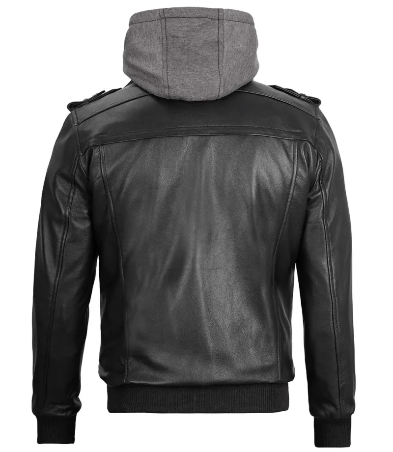 Black Bomber Mens Leather Jacket With Removable Hood