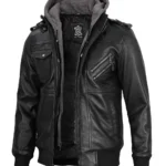 Black Bomber Mens Leather Jacket With Removable Hood