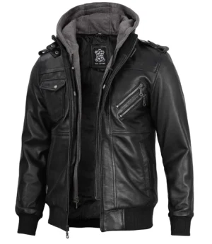 Black Bomber Mens Leather Jacket With Removable Hood