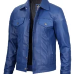 Fernando Blue Leather Trucker Jacket Mens