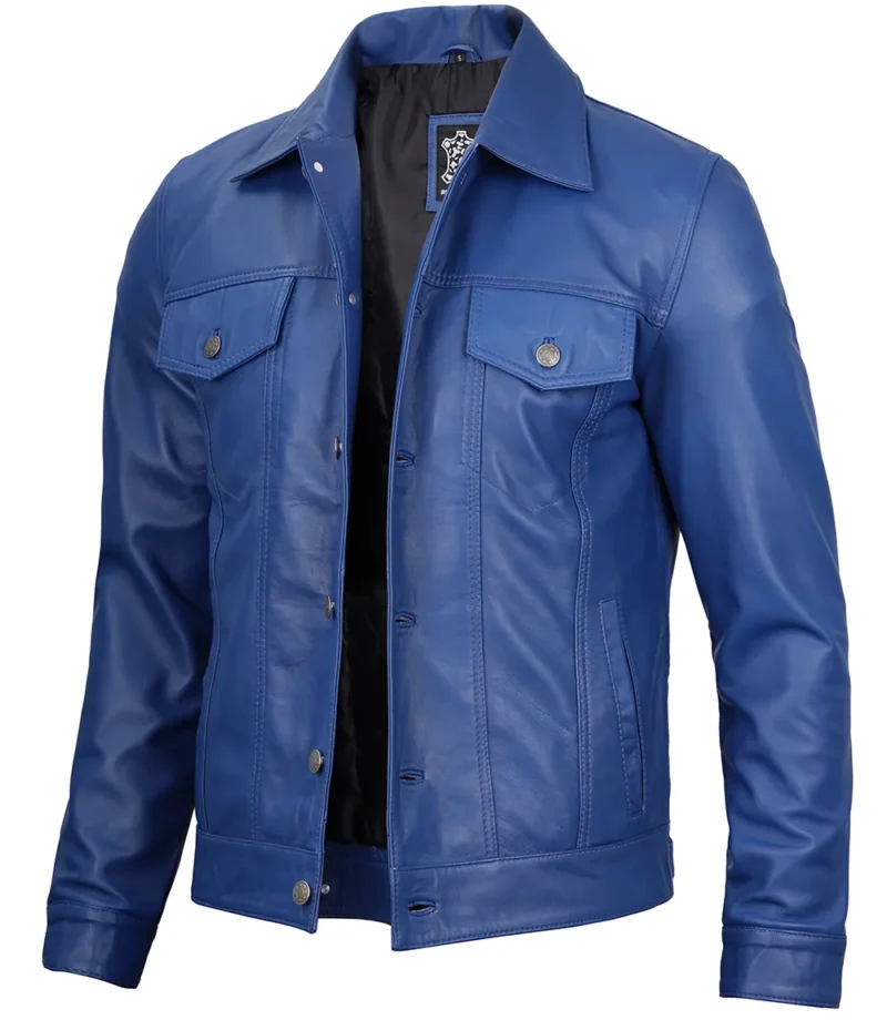 Fernando Blue Leather Trucker Jacket Mens