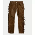 Men Cowboy Fringes Brown Suede Leather Pants