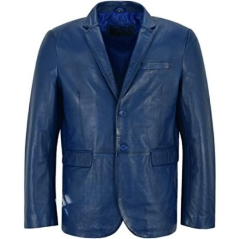 Men's Blue Leather Blazer Jacket