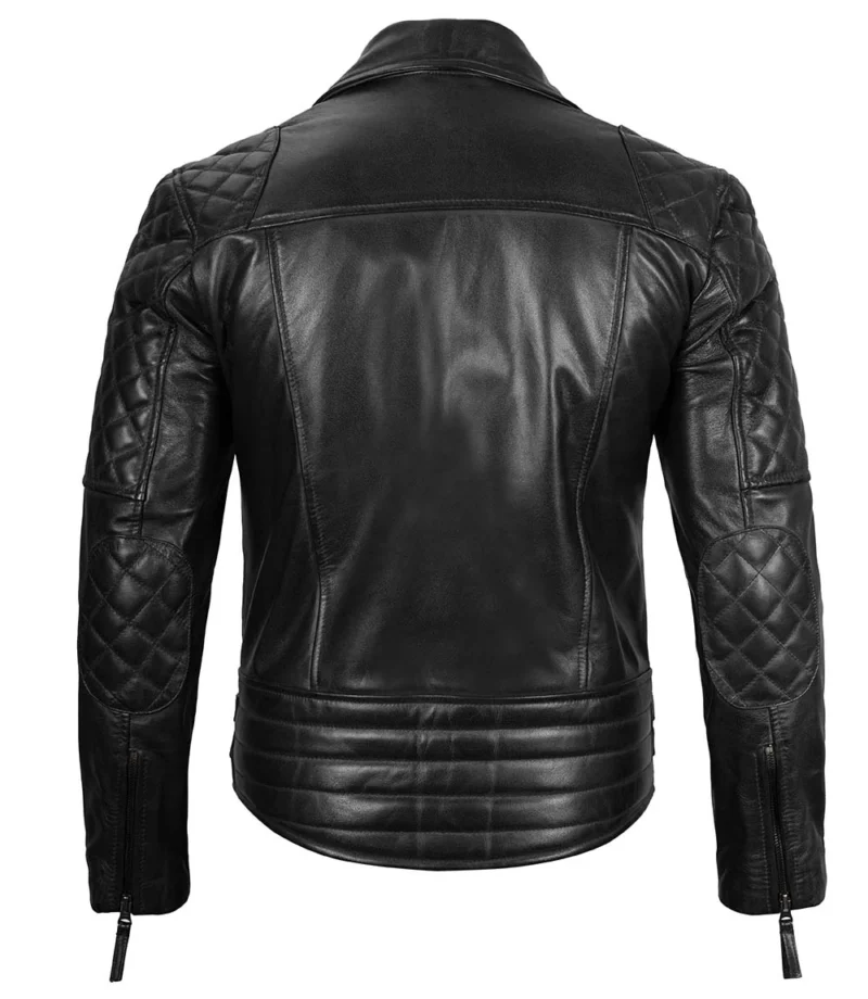 Mens Quilted Asymmetrical Black Biker Leather Jacket