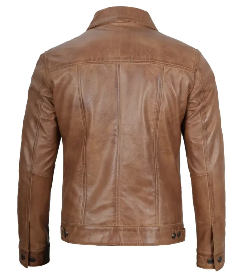 Mens Camel Brown Trucker Leather Jacket