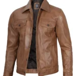 Mens Camel Brown Trucker Leather Jacket