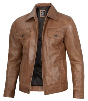 Mens Camel Brown Trucker Leather Jacket