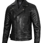 Mens Quilted Asymmetrical Black Biker Leather Jacket