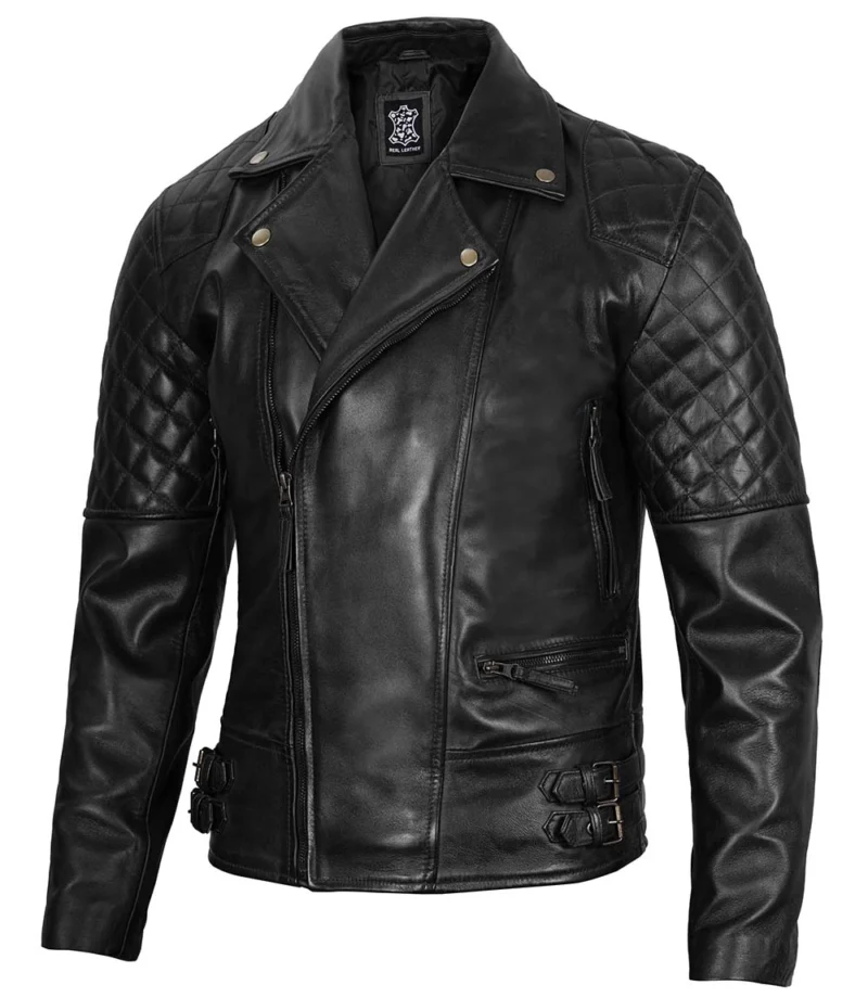 Men's Black Biker Leather Jacket with Asymmetrical Design