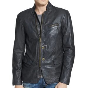 Real Lambskin Black Leather Blazer for Men's