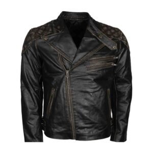 Skull and Bones Embossed Distressed Leather Jacket For Mens