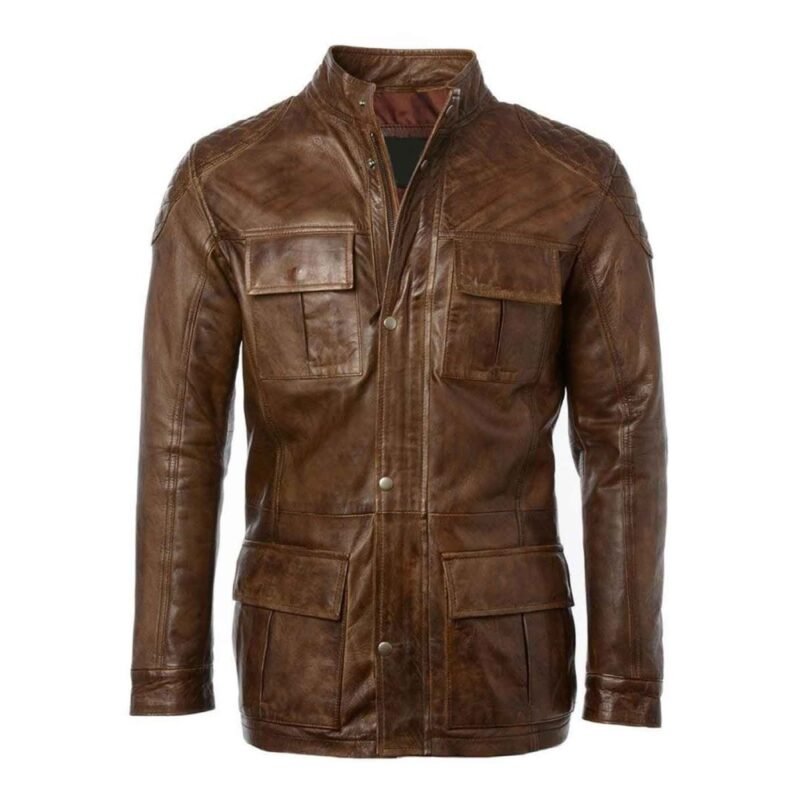 Men's Vintage Brown Racing Leather Pea Coat
