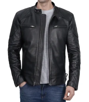 Premium Stylish Men's Black Cafe Racer Leather Jacket With Multi-Pockets