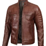 Tall Men's Cognac Brown Distressed Leather Cafe Racer Jacket