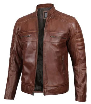 Men's Cognac Brown Distressed Leather Cafe Racer Jacket