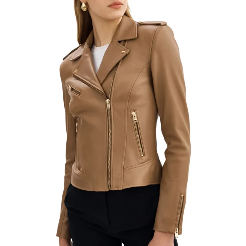 Asymmetrical Beige Leather For Womens Jacket