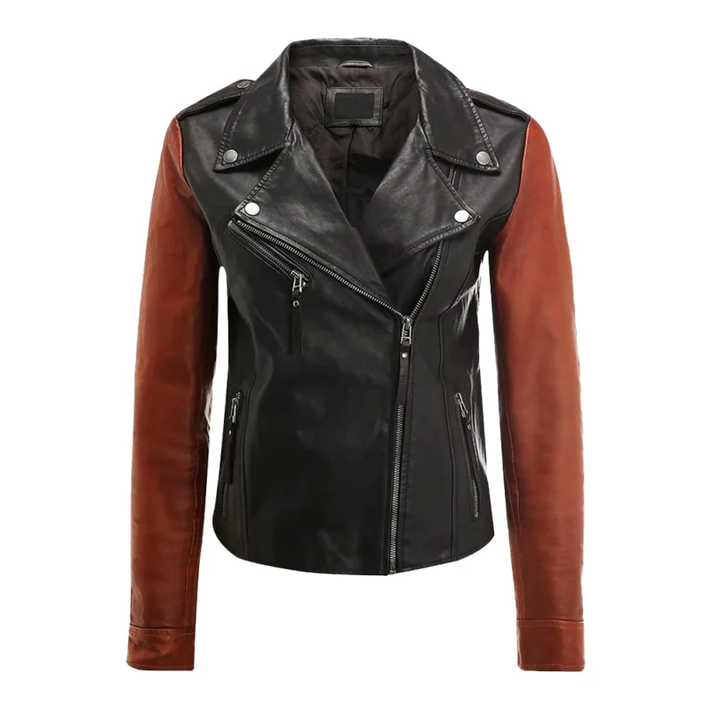 Asymmetrical Two Tone Biker Leather For Women Jacket