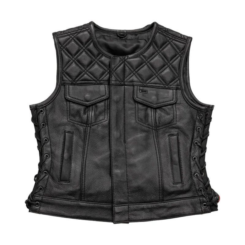 Womens Black Leather Vest Quilted