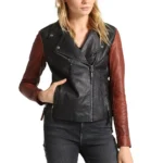 Black and Brown Moto Leather Jacket For Women