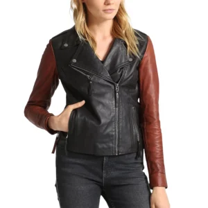 Asymmetrical Two Tone Biker Leather Jacket For Women