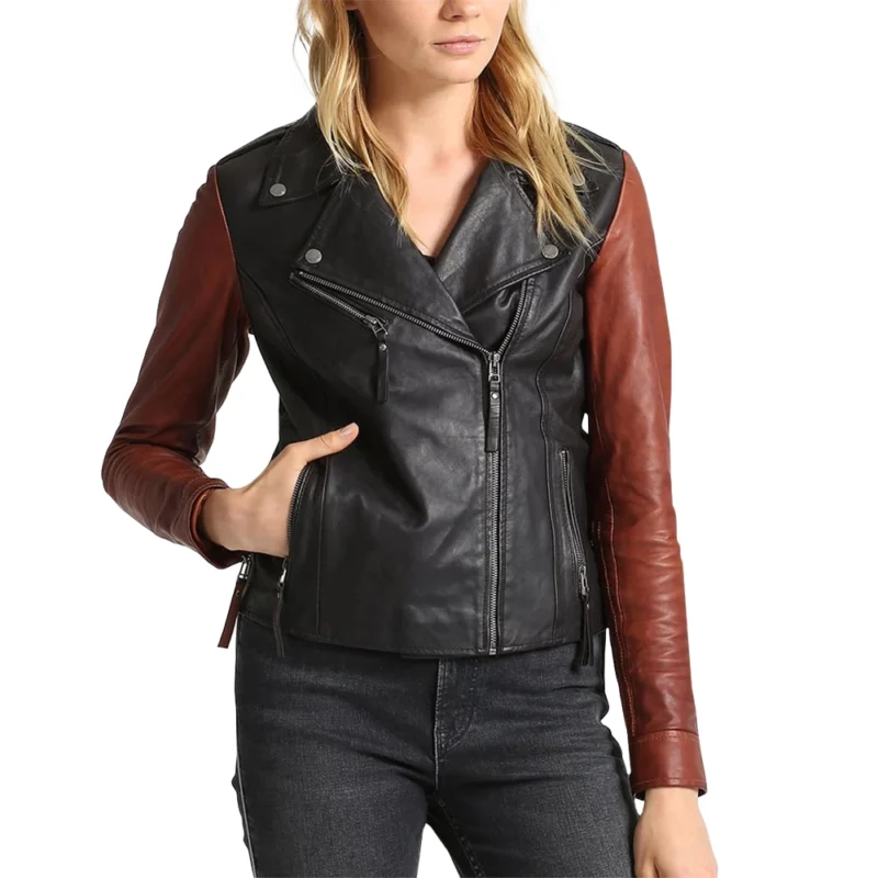 Asymmetrical Two Tone Biker Leather Jacket For Women