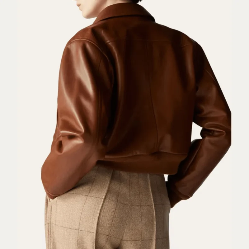 Cropped Style Brown Leather Bomber for Womens Jacket