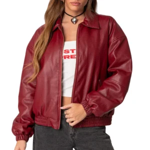 Womens Maroon Genuine Leather Bomber Jacket