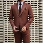 Mens 2 Piece Slim Fit Brick Brown Suit With Lapel Collar