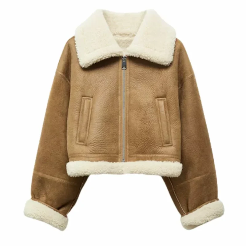 Brown Shearling Lined Leather Jacket For Women.