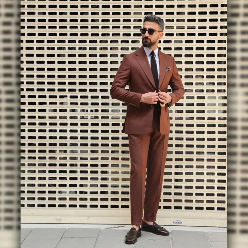 Mens 2 Piece Slim Fit Brick Brown Suit With Lapel Collar