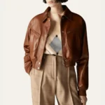 Womens Cropped Brown Leather Bomber Jacket